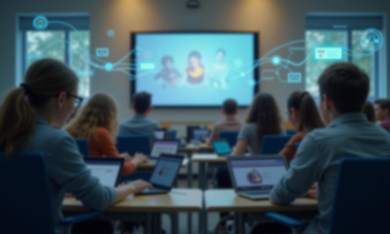 Studenten in virtuele klasomgeving op laptops en tablets
